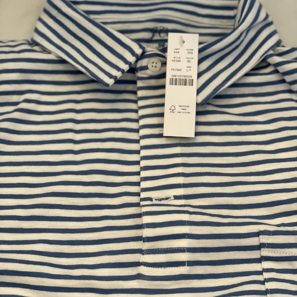 Mens JCrew blue and white striped cotton polo. Brand new. Size Large/ Tall.